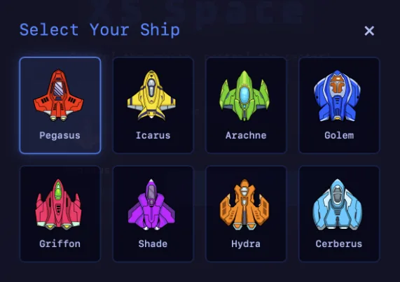The XS Space ship selection screen